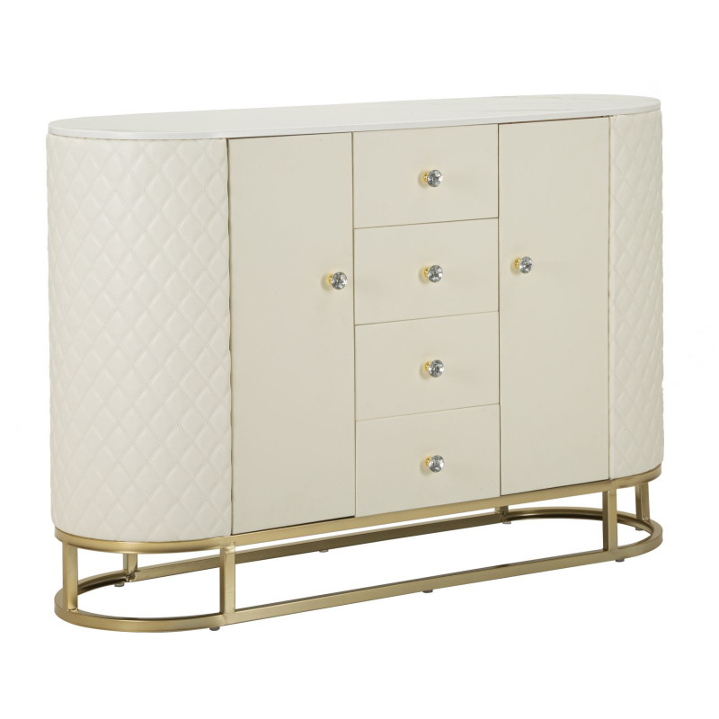Grand Buffet moderne chic Bas 2 portes 4 tiroirs en Bois Blanc Effet marbre Métal Doré Sharon 