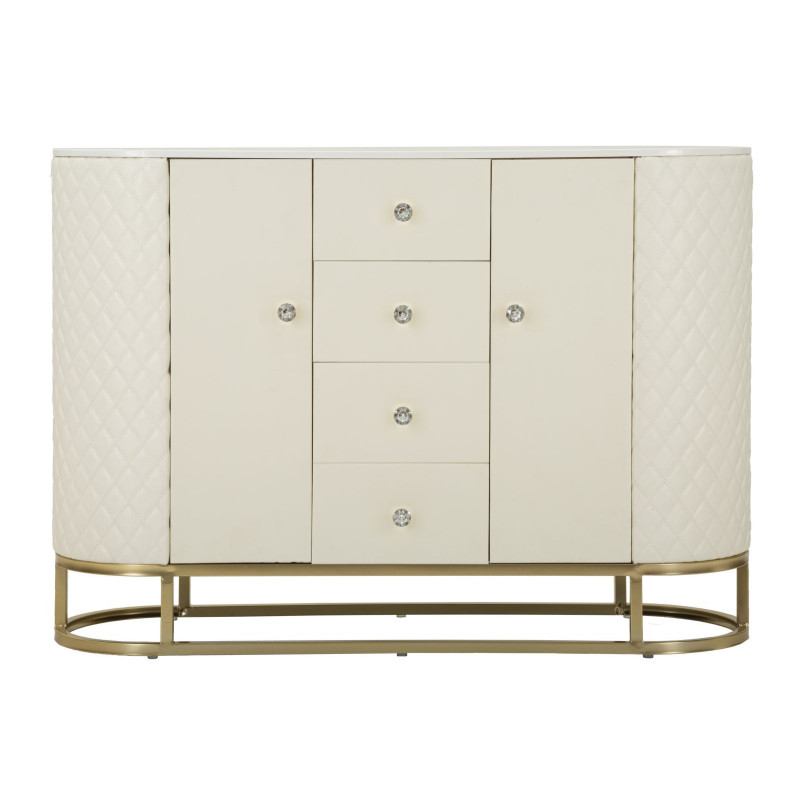 Grand Buffet moderne chic Bas 2 portes 4 tiroirs en Bois Blanc Effet marbre Métal Doré Sharon 