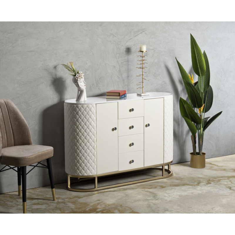 Grand Buffet moderne chic Bas 2 portes 4 tiroirs en Bois Blanc Effet marbre Métal Doré Sharon 