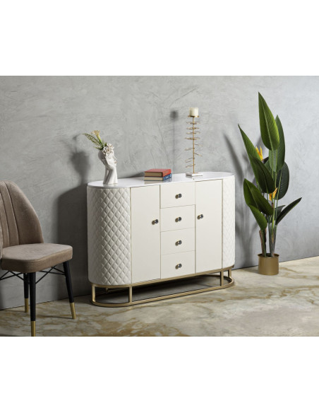 Grand Buffet moderne chic Bas 2 portes 4 tiroirs en Bois Blanc Effet marbre Métal Doré Sharon 