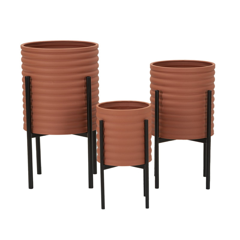 Cache pot sur pied moderne Rond en Métal Terracotta Noir Milly (Lot de 3) 
