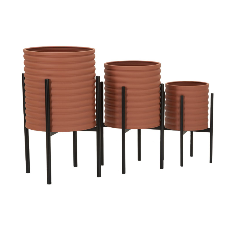 Cache pot sur pied moderne Rond en Métal Terracotta Noir Milly (Lot de 3) 