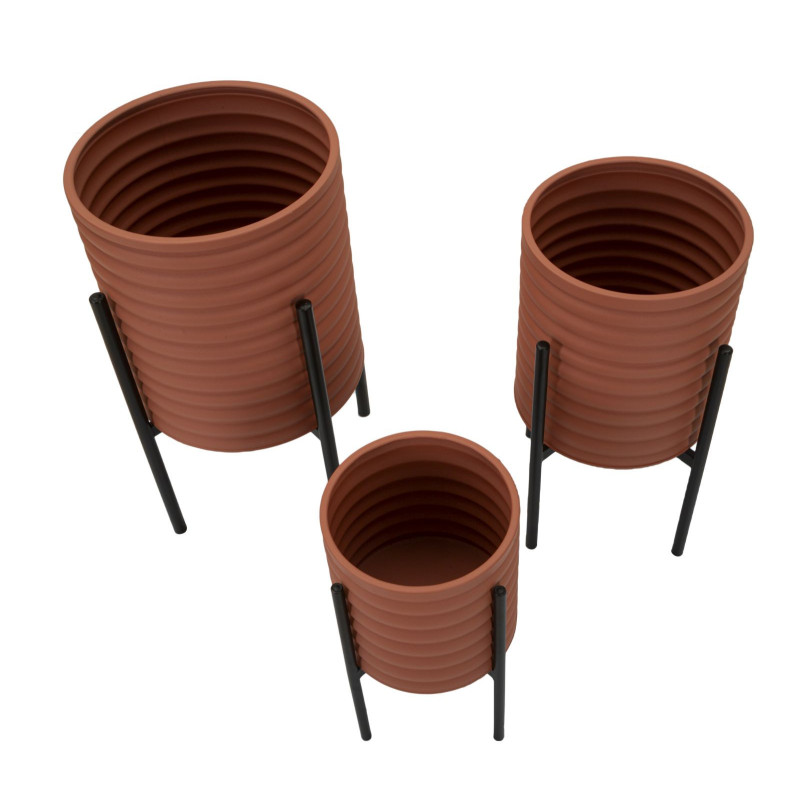 Cache pot sur pied moderne Rond en Métal Terracotta Noir Milly (Lot de 3) 