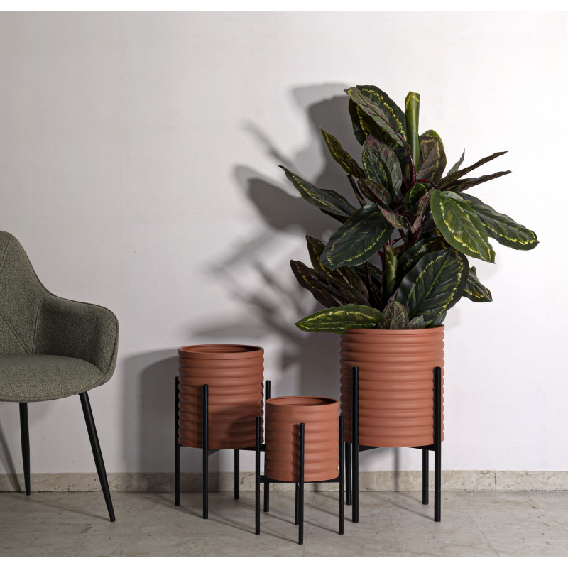 Cache pot sur pied moderne Rond en Métal Terracotta Noir Milly (Lot de 3) 