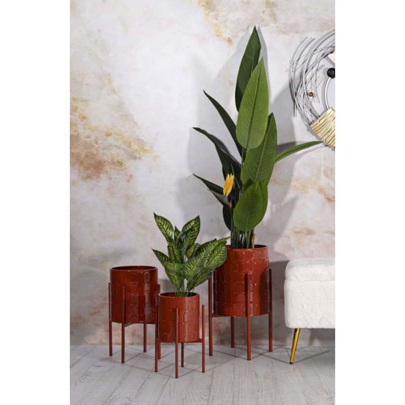 Cache pot sur pied moderne Rond en Métal Rouge Archy (Lot de 3) 