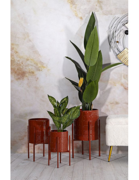 Cache pot sur pied moderne Rond en Métal Rouge Archy (Lot de 3) 