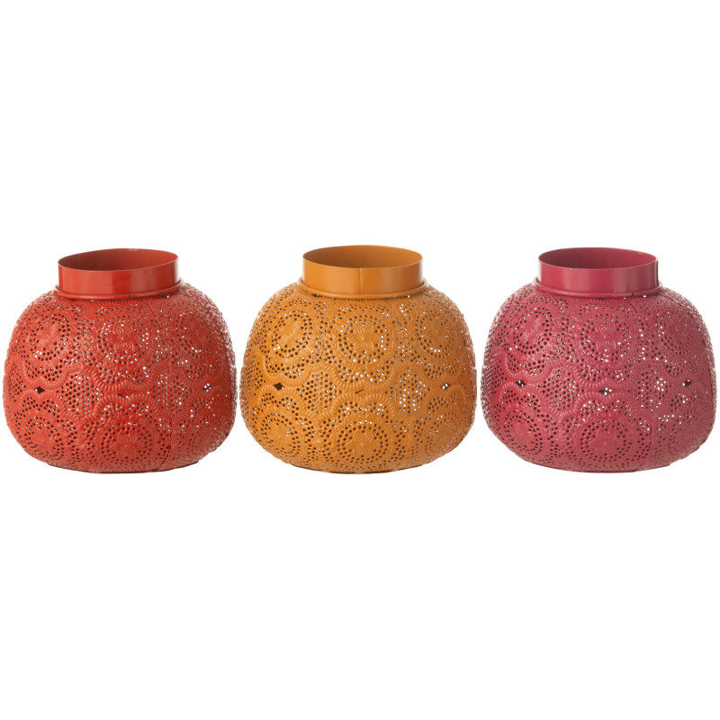 Photophore rond mexicain Diamètre 16 cm en Métal Rouge Rose Jaune Ajouré Lupita (Lot de 3) - 1