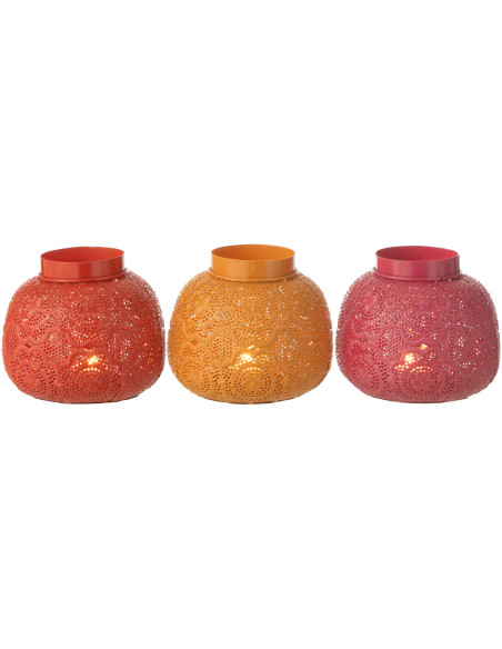Photophore rond mexicain Diamètre 16 cm en Métal Rouge Rose Jaune Ajouré Lupita (Lot de 3) - 2
