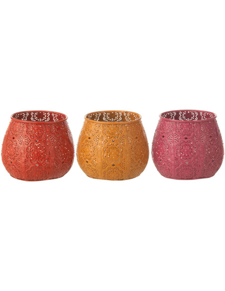 Petit Photophore rond mexicain Diamètre 12 cm en Métal Rouge Rose Jaune Ajouré Lupita (Lot de 3) - 1