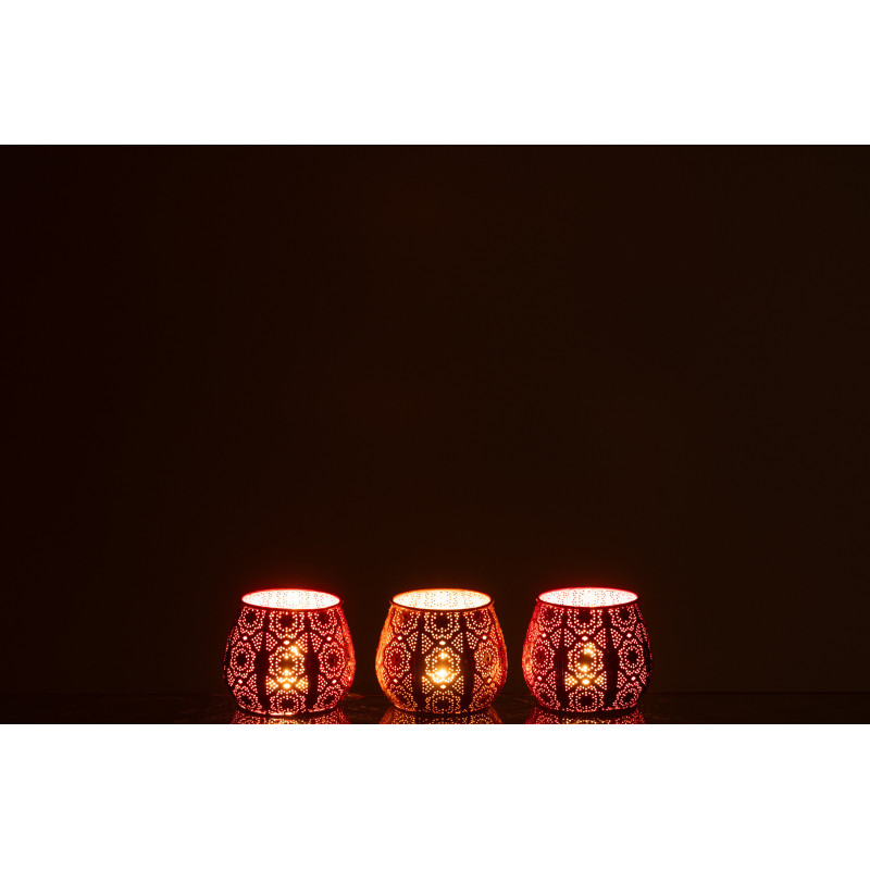 Petit Photophore rond mexicain Diamètre 12 cm en Métal Rouge Rose Jaune Ajouré Lupita (Lot de 3) - 3