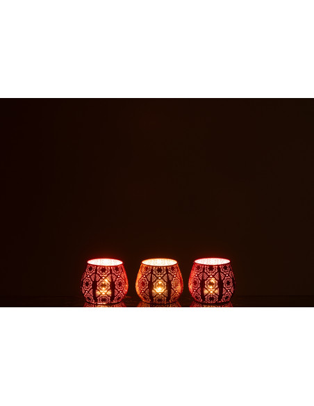 Petit Photophore rond mexicain Diamètre 12 cm en Métal Rouge Rose Jaune Ajouré Lupita (Lot de 3) - 3