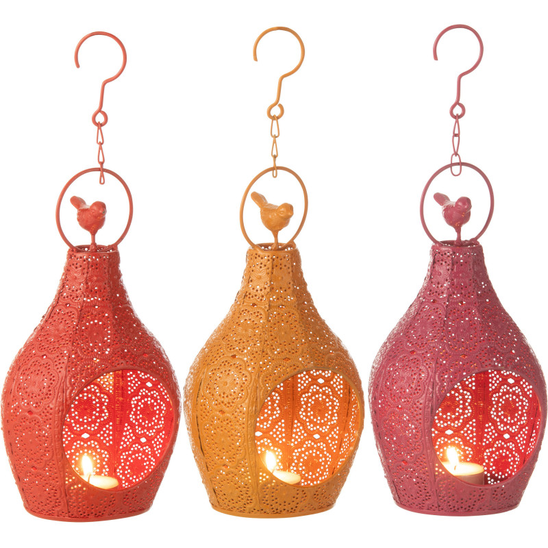 Grand Photophore mexicain à suspendre Hauteur 23 cm en Métal Rouge Rose Jaune Ajouré Lupita (Lot de 3) - 1