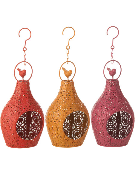 Grand Photophore mexicain à suspendre Hauteur 23 cm en Métal Rouge Rose Jaune Ajouré Lupita (Lot de 3) - 2
