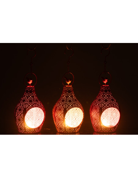 Grand Photophore mexicain à suspendre Hauteur 23 cm en Métal Rouge Rose Jaune Ajouré Lupita (Lot de 3) - 3