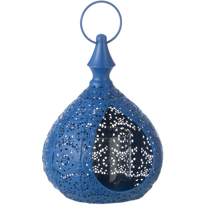 Grand Photophore Lanterne mexicaine Hauteur 21 cm en Métal Bleu Verre Transparent Ajouré Lupita - 1