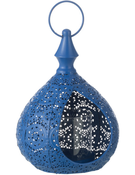 Grand Photophore Lanterne mexicaine Hauteur 21 cm en Métal Bleu Verre Transparent Ajouré Lupita - 1