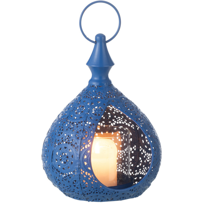 Grand Photophore Lanterne mexicaine Hauteur 21 cm en Métal Bleu Verre Transparent Ajouré Lupita - 2