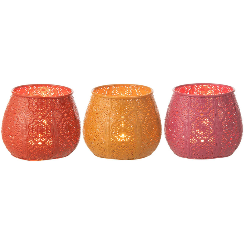 Petit Photophore rond mexicain Diamètre 12 cm en Métal Rouge Rose Jaune Ajouré Lupita (Lot de 3) - 5