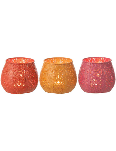 Petit Photophore rond mexicain Diamètre 12 cm en Métal Rouge Rose Jaune Ajouré Lupita (Lot de 3) - 5