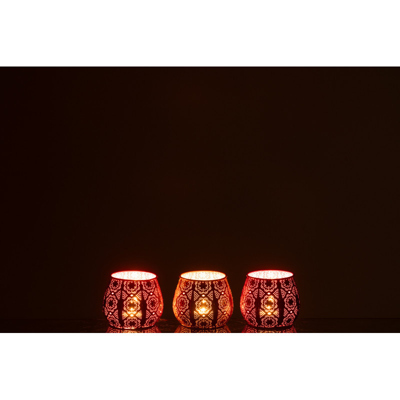 Petit Photophore rond mexicain Diamètre 12 cm en Métal Rouge Rose Jaune Ajouré Lupita (Lot de 3) - 6