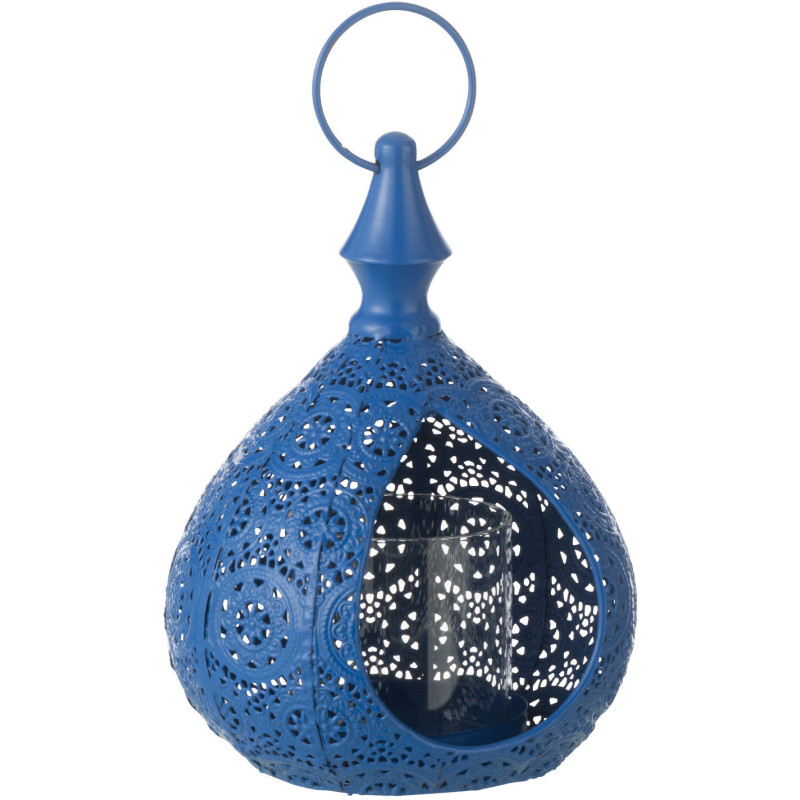 Grand Photophore Lanterne mexicaine Hauteur 21 cm en Métal Bleu Verre Transparent Ajouré Lupita - 4
