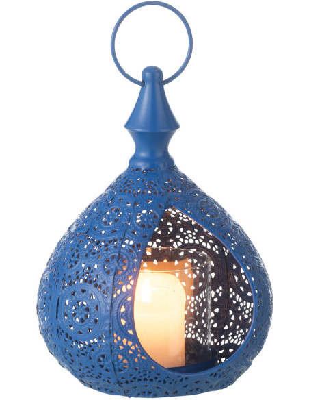 Grand Photophore Lanterne mexicaine Hauteur 21 cm en Métal Bleu Verre Transparent Ajouré Lupita - 5