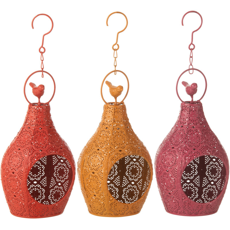 Grand Photophore mexicain à suspendre Hauteur 23 cm en Métal Rouge Rose Jaune Ajouré Lupita (Lot de 3) - 4