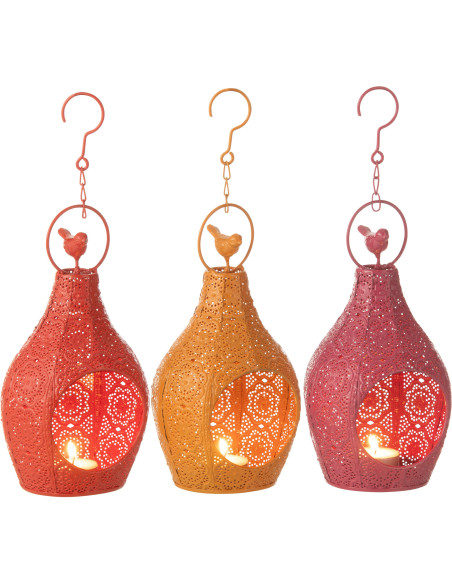 Grand Photophore mexicain à suspendre Hauteur 23 cm en Métal Rouge Rose Jaune Ajouré Lupita (Lot de 3) - 5