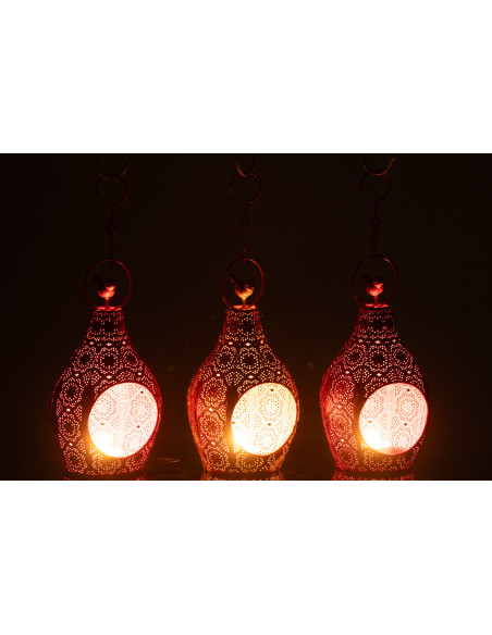 Grand Photophore mexicain à suspendre Hauteur 23 cm en Métal Rouge Rose Jaune Ajouré Lupita (Lot de 3) - 6