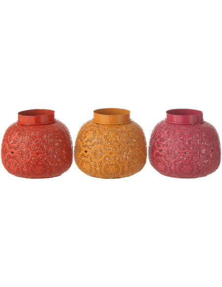 Photophore rond mexicain Diamètre 16 cm en Métal Rouge Rose Jaune Ajouré Lupita (Lot de 3) - 4