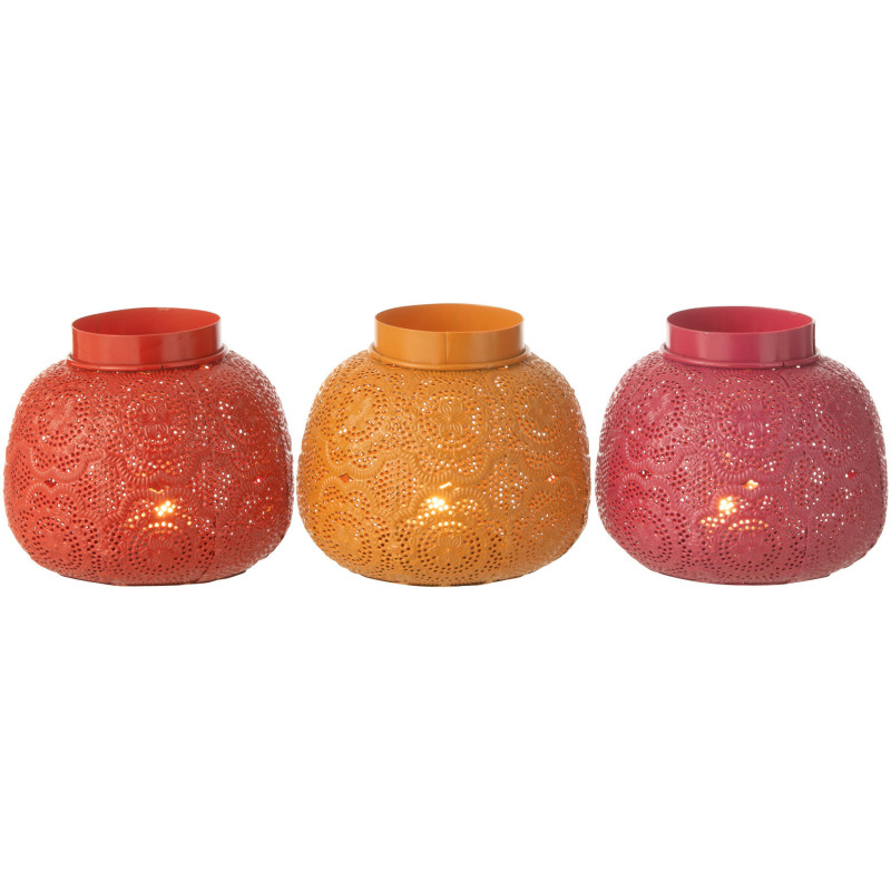 Photophore rond mexicain Diamètre 16 cm en Métal Rouge Rose Jaune Ajouré Lupita (Lot de 3) - 5