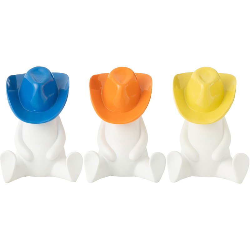 Statuettes originales Bonhommes Chapeaux Hauteur 18 cm en Résine Blanc Jaune Bleu Orange Cowboy (Lot de 3) - 1