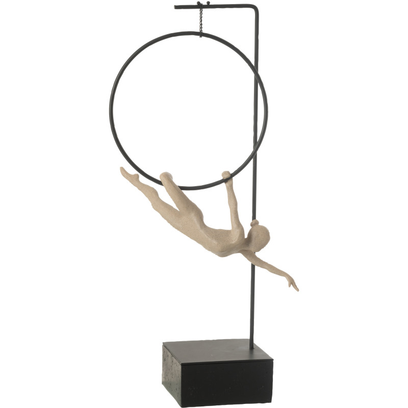 Grande Sculpture sur pied moderne Gymnaste Cerceau Hauteur 55 cm en Résine Beige Métal Noir Povi - 1
