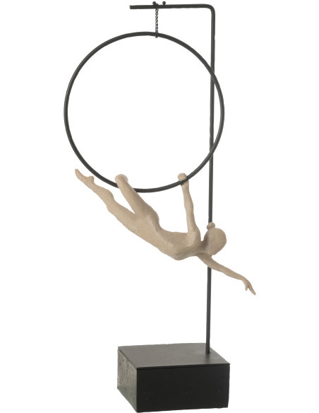 Grande Sculpture sur pied moderne Gymnaste Cerceau Hauteur 55 cm en Résine Beige Métal Noir Povi - 1