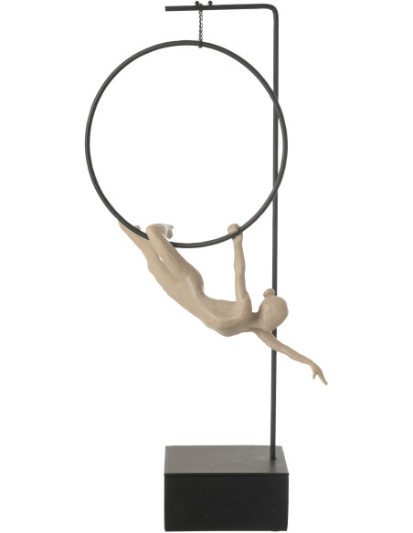 Grande Sculpture sur pied moderne Gymnaste Cerceau Hauteur 55 cm en Résine Beige Métal Noir Povi - 2