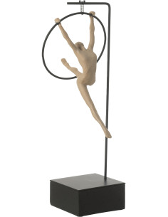 Sculpture sur pied moderne Gymnaste Cerceau Hauteur 48 cm en Résine Beige Métal Noir Sani - 1