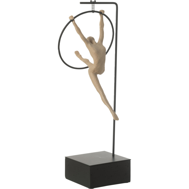 Sculpture sur pied moderne Gymnaste Cerceau Hauteur 48 cm en Résine Beige Métal Noir Sani - 1