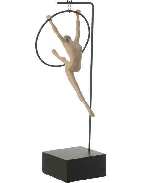 Sculpture sur pied moderne Gymnaste Cerceau Hauteur 48 cm en Résine Beige Métal Noir Sani - 1