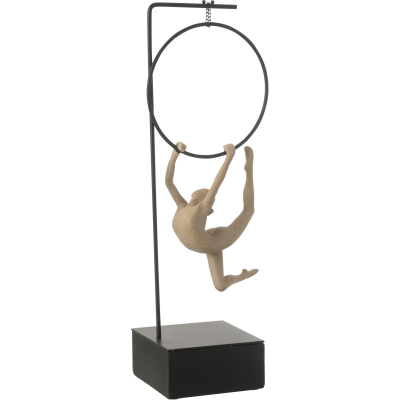 Sculpture sur pied moderne Gymnaste Cerceau Hauteur 48 cm en Résine Beige Métal Noir Lina - 1