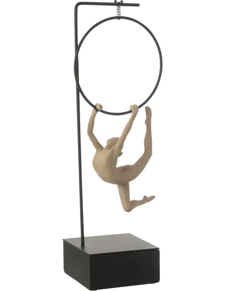 Sculpture sur pied moderne Gymnaste Cerceau Hauteur 48 cm en Résine Beige Métal Noir Lina - 1