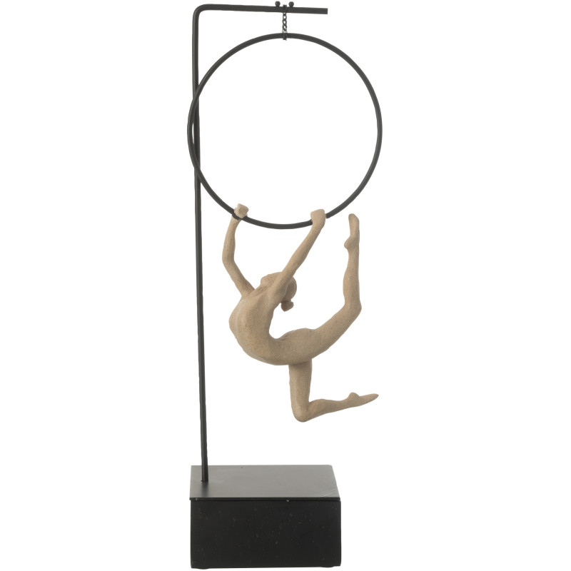 Sculpture sur pied moderne Gymnaste Cerceau Hauteur 48 cm en Résine Beige Métal Noir Lina - 2
