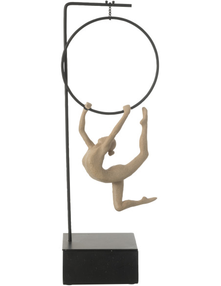 Sculpture sur pied moderne Gymnaste Cerceau Hauteur 48 cm en Résine Beige Métal Noir Lina - 2
