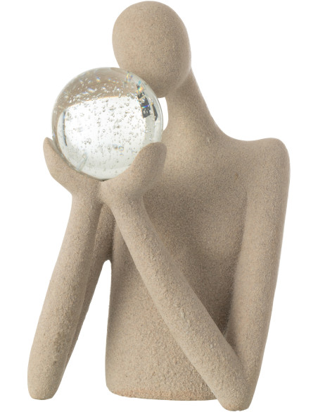 Grande Statue déco abstraite Personnage avec boule Hauteur 43 cm en Résine Beige Moucheté Verre Tivo - 1
