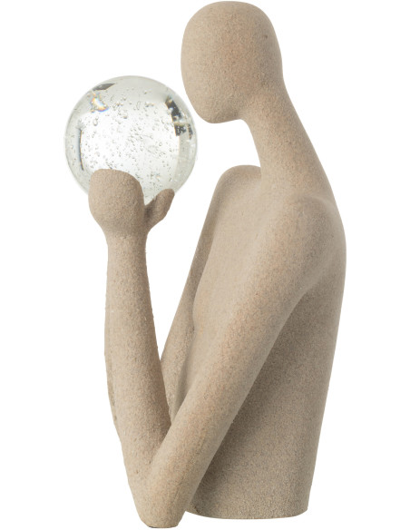 Grande Statue déco abstraite Personnage avec boule Hauteur 43 cm en Résine Beige Moucheté Verre Tivo - 2