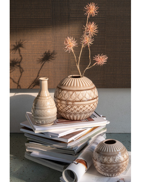 Vase original Rond Hauteur 18 cm en Porcelaine Beige Sculpte - 2