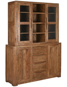 Grand Buffet Vitrine moderne Haut 4 portes 4 tiroirs 4 étagères en Bois d'acacia Marron Verre Transparent Vilafames - 1