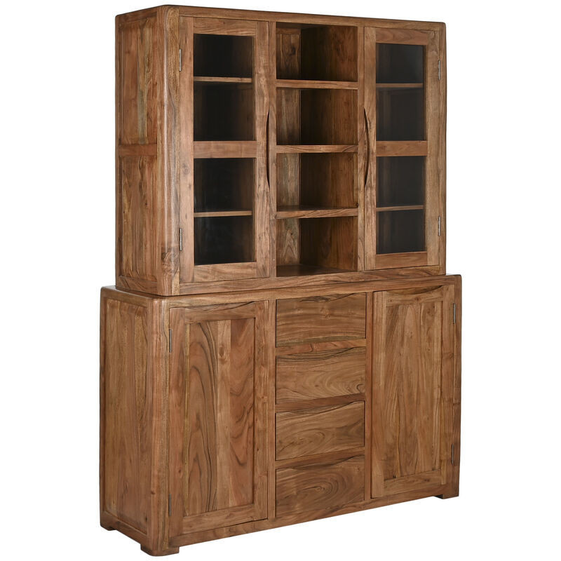 Grand Buffet Vitrine moderne Haut 4 portes 4 tiroirs 4 étagères en Bois d'acacia Marron Verre Transparent Vilafames - 1