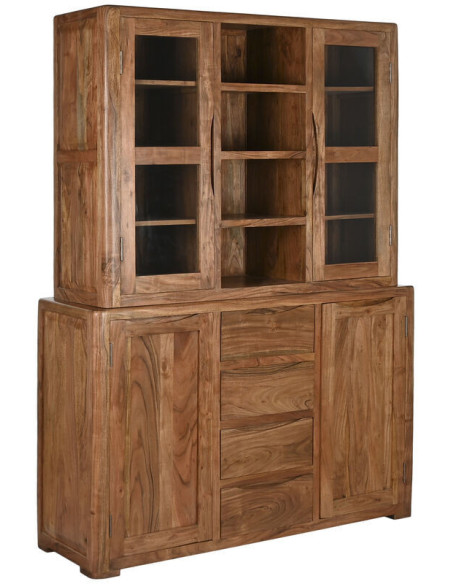 Grand Buffet Vitrine moderne Haut 4 portes 4 tiroirs 4 étagères en Bois d'acacia Marron Verre Transparent Vilafames - 1