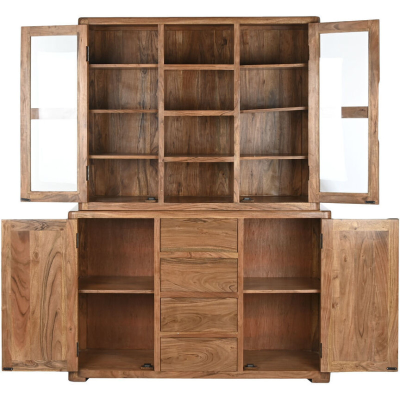 Grand Buffet Vitrine moderne Haut 4 portes 4 tiroirs 4 étagères en Bois d'acacia Marron Verre Transparent Vilafames - 3