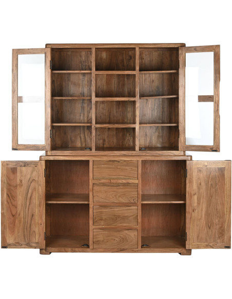 Grand Buffet Vitrine moderne Haut 4 portes 4 tiroirs 4 étagères en Bois d'acacia Marron Verre Transparent Vilafames - 3